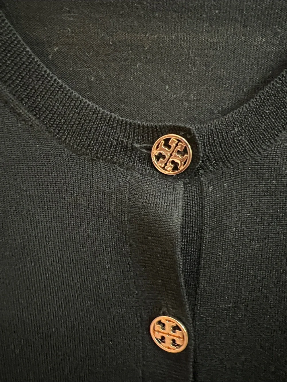 Tory Burch 100% Merino Wool Cardigan Sweater Black Gold Logo Buttons Classic